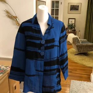 Habitat blue/black tunic top with three large decorative buttons.